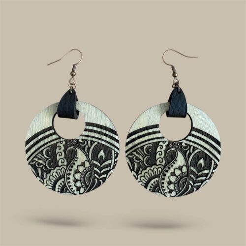 Engraved Wood and Leather Earrings